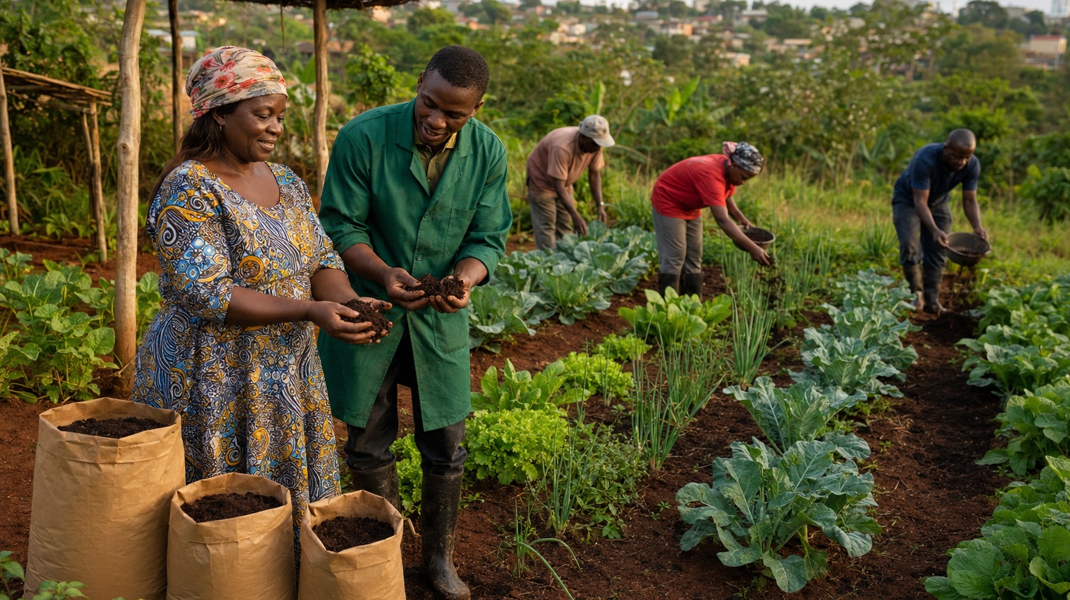 Farmers applying locally produced organic manure to healthy vegetable crops.