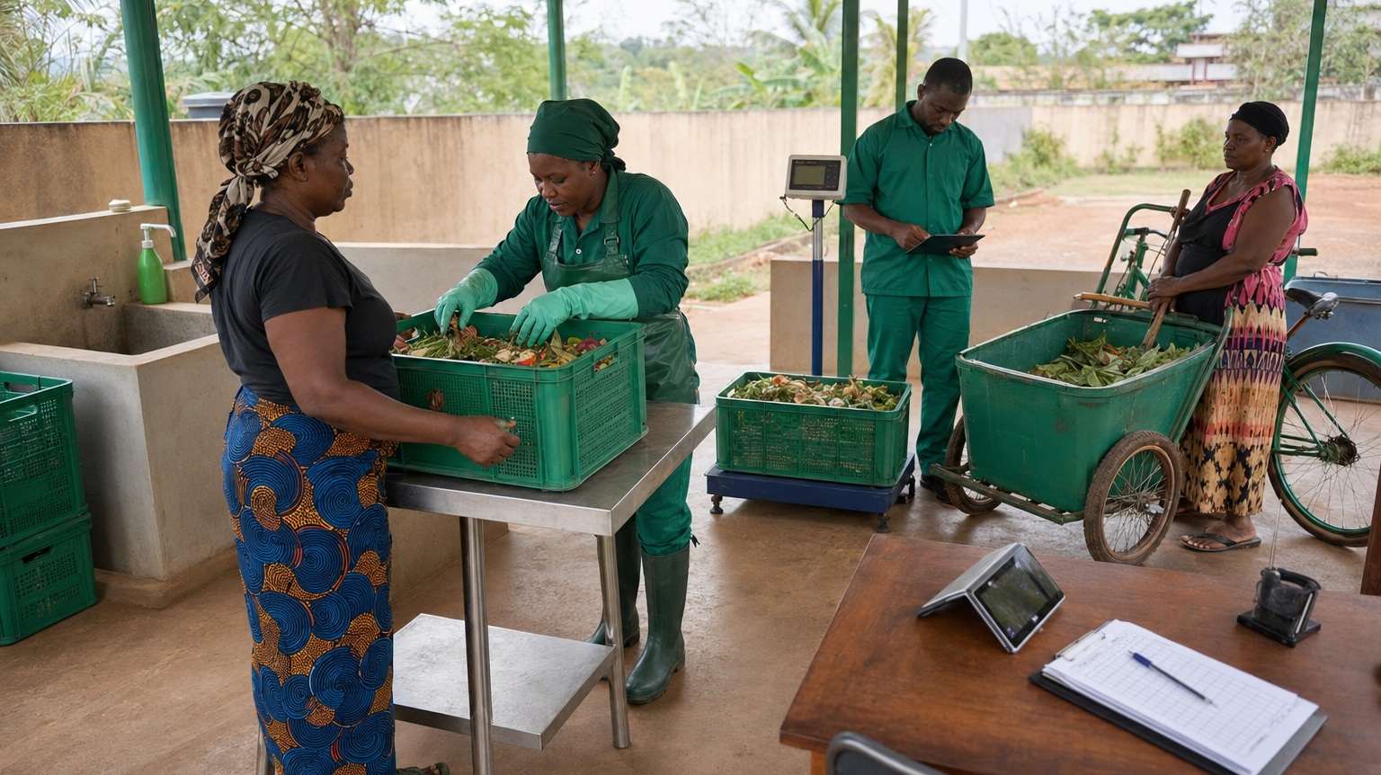 A registered waste supplier presents sorted organic material for inspection, weighing and payment.