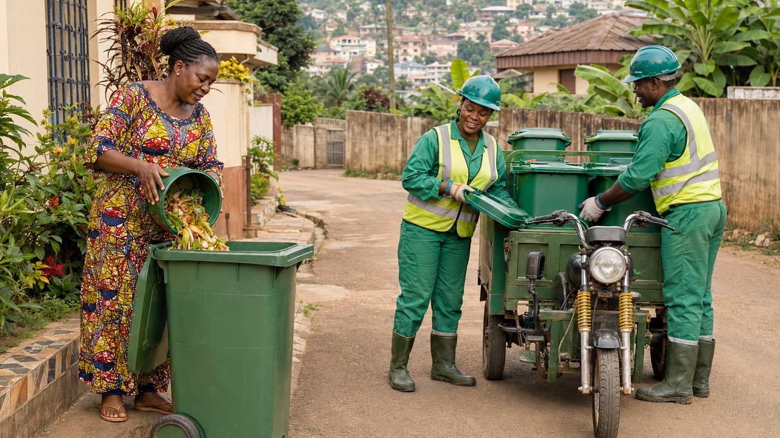 A trained collection team receives separated household food waste using covered bins and a cargo tricycle.